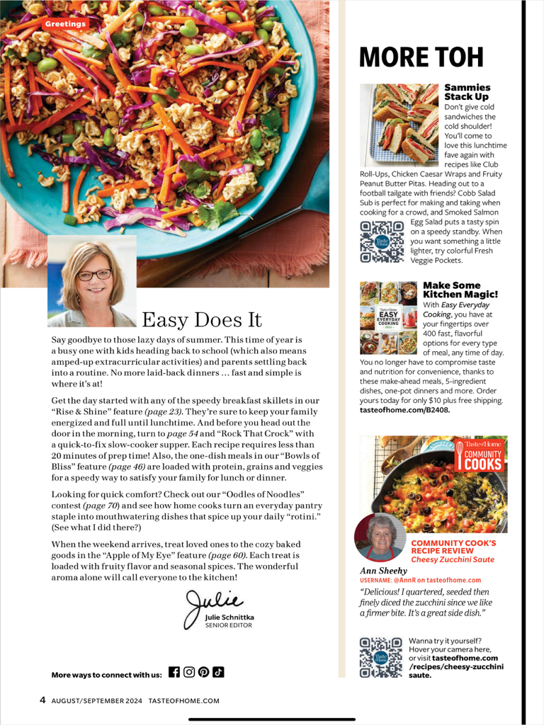 Taste of Home Magazine - A digital page from Taste of Home magazine featuring an editor greeting and colorful noodle salad