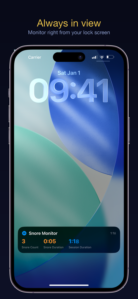 NightSnore - NightSnore app Live Activity on an iPhone lock screen showing real-time snore count and duration monitoring.