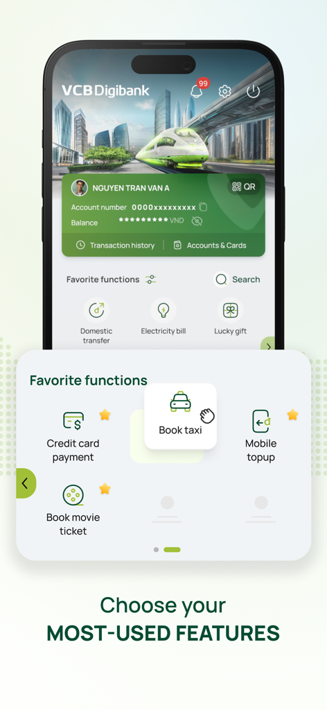 VCB Digibankアプリのインターフェース。タクシー予約やモバイルチャージなどのよく使う機能のカスタマイズオプションが表示されています。