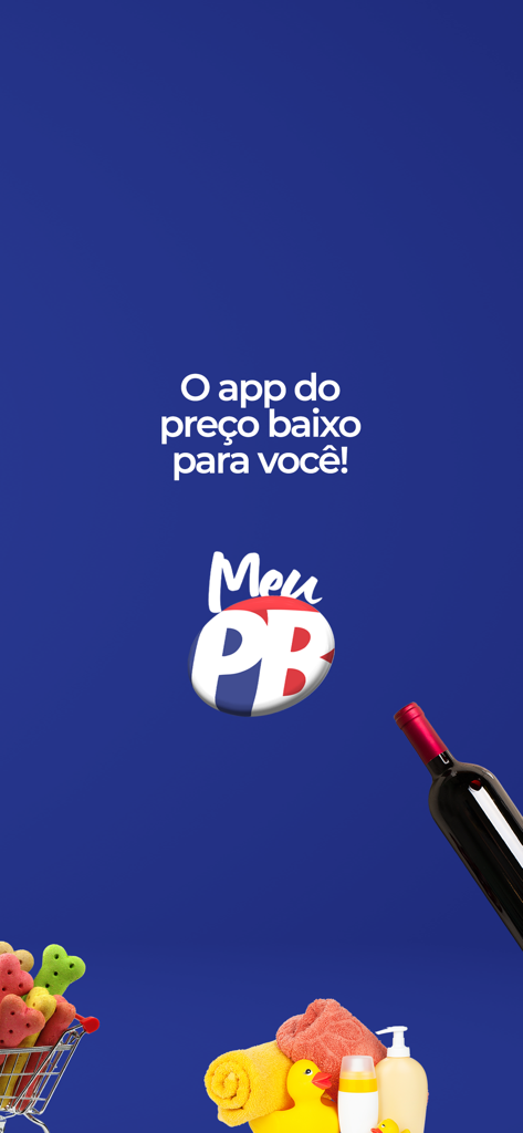 Meu PB - Meu PB mobile app introduction screen featuring the brand logo and various household products on a blue background.