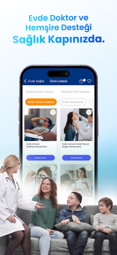 Happ | Check-Up - Interface of the Happ Health app showing home doctor and nursing service options with a physician visiting a family at home