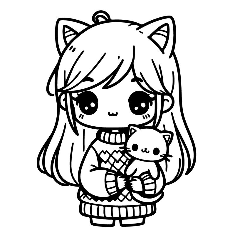 girl wearing a cat-themed sweater holding a cat