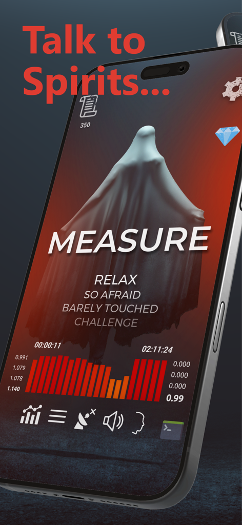 Spirit Chat Box - Ghost Talker - Interfaccia dell'app Spirit Chat Box che visualizza una figura spettrale con parole paranormali rilevate e grafici dei dati dei sensori