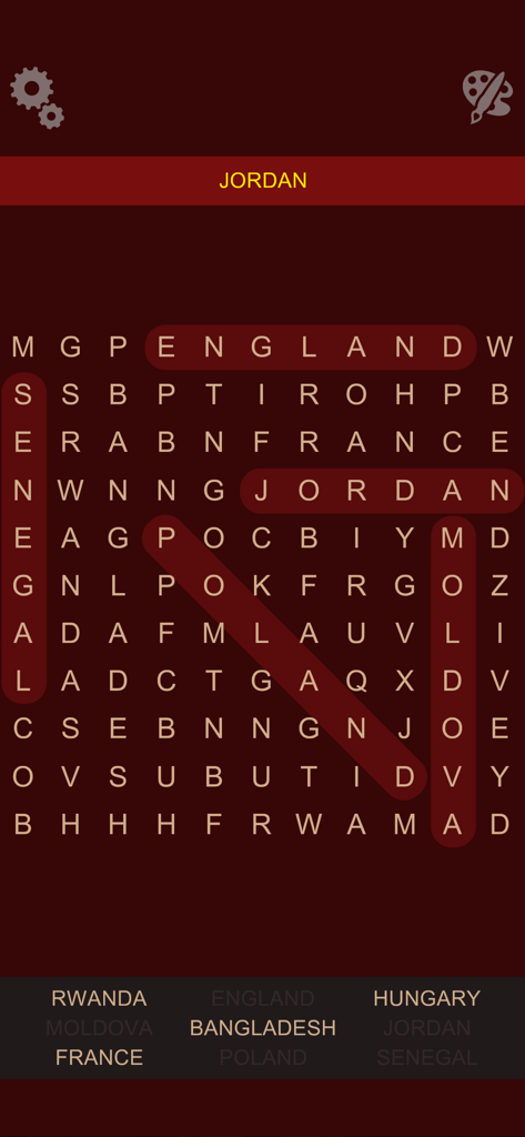 Word Search Epic - Word Search Epic gameplay screen showing a word grid with highlighted country names like England and Jordan.