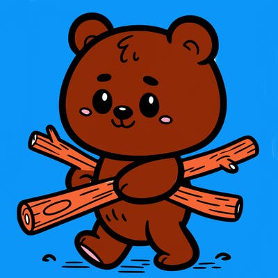 a little bear walking with a stick
