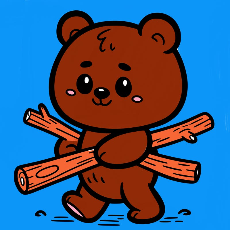 a little bear walking with a stick