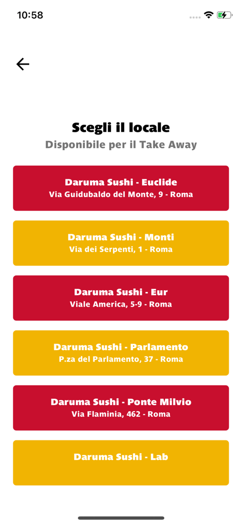 Daruma - A mobile app screen displaying a list of Daruma Sushi restaurant locations in Rome for selecting takeaway service.