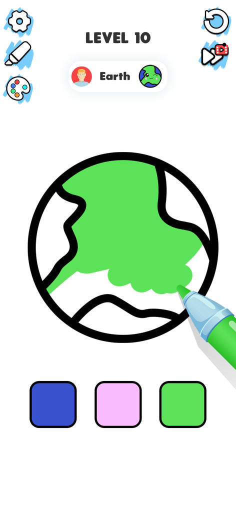 Color ASMR Game: Coloring Page - A user coloring an Earth illustration with a green marker in the Color ASMR Game app