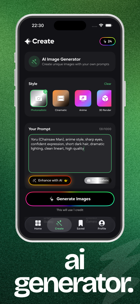 Prompt Market: AI Studio - Interface of the Prompt Market AI Studio app showing an AI image generator with style selection and a text prompt input field.