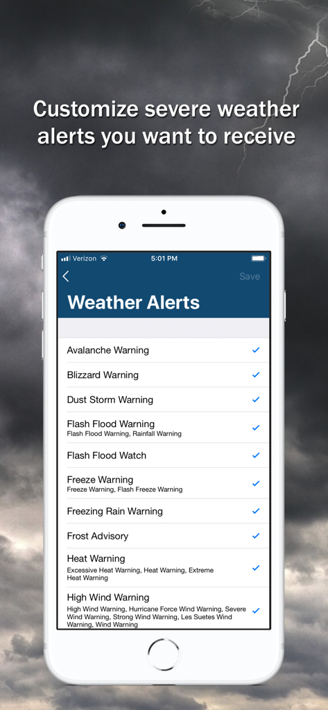 Storm Shield app screen showing a menu to customize severe weather alerts including blizzard, flood, and freeze warnings.