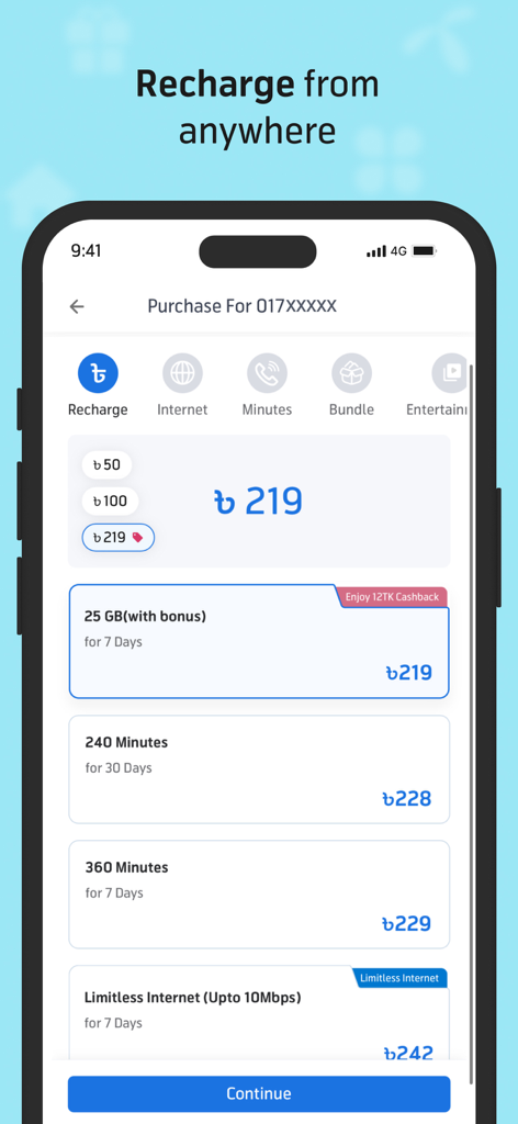 MyGP mobile app interface showing various recharge packages for internet and minutes with pricing in Bangladeshi Taka