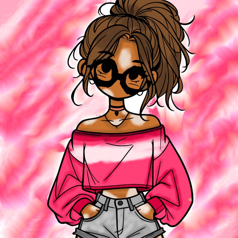 girl with a messy ponytail glasses a baggy crop top and jean shorts