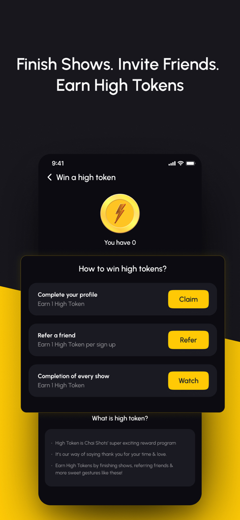Chai Shots - Short Series OTT - Chai Shots app screen showing the High Token reward program and referral options.