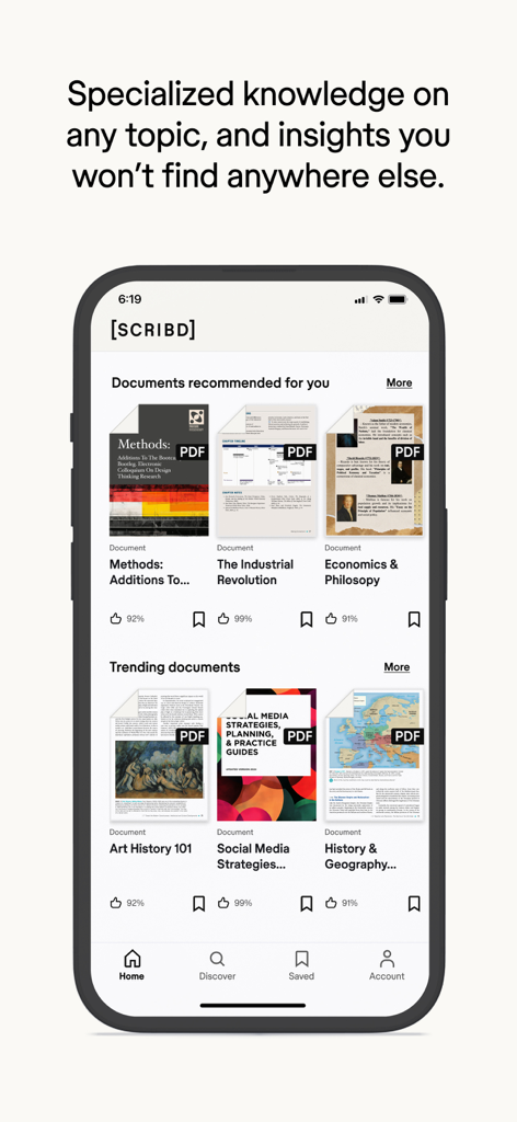 Scribd: 170M+ documents - Pantalla de inicio de la aplicación móvil Scribd con PDFs de documentos recomendados y populares