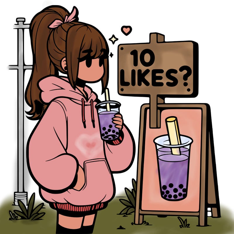 girl with oversized hoodie drinking boba and she has a high ponytail with a sign that says 10likes?