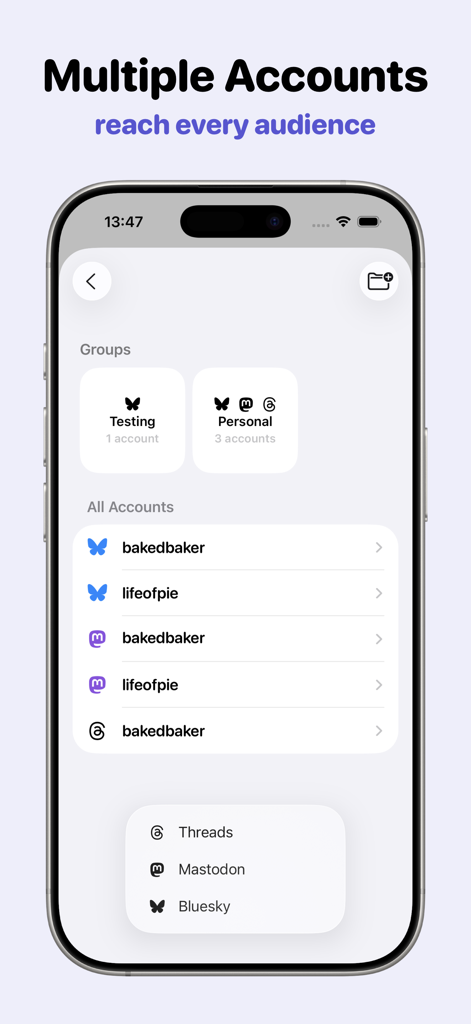 Croissant - Cross-Posting - Interface of the Croissant app showing a list of connected social media accounts for Threads, Mastodon, and Bluesky organized into groups.