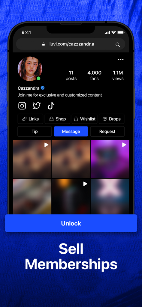 Luvi - Creator profile on Luvi app with a sell memberships call to action and locked content grid