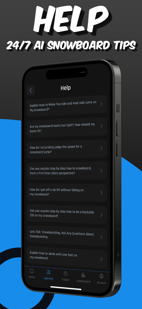 PocketCoach Snowboard - PocketCoach Snowboard app help screen featuring 24/7 AI coaching tips and common snowboarding questions