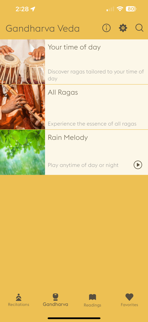 Maharishi Veda - Maharishi Veda app Gandharva Veda music selection screen featuring Ragas and Rain Melody categories