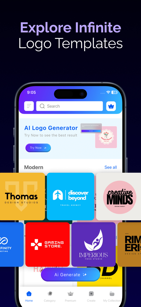 AI Logo Maker: Graphic Designs - A smartphone displaying the AI Logo Maker app interface with various professional logo templates for travel, yoga, and gaming businesses.