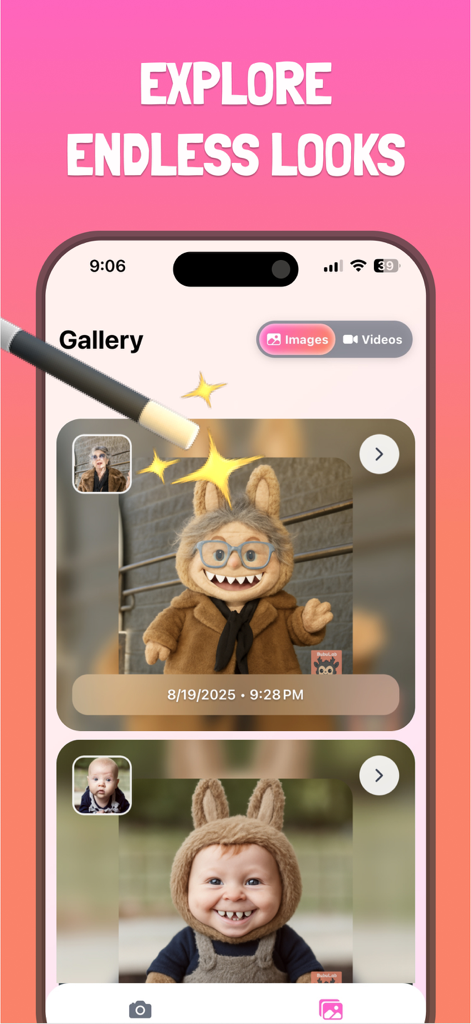BubuLab: AI Bubu Generator - Screenshot of BubuLab app gallery showing AI transformed photos into fuzzy doll characters