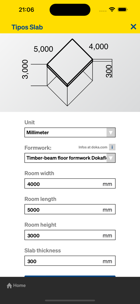 Doka Tools Mobile App-Oberfläche für Eingaben von Deckenschalungsplattendimensionen, einschließlich Breite, Länge und Dicke