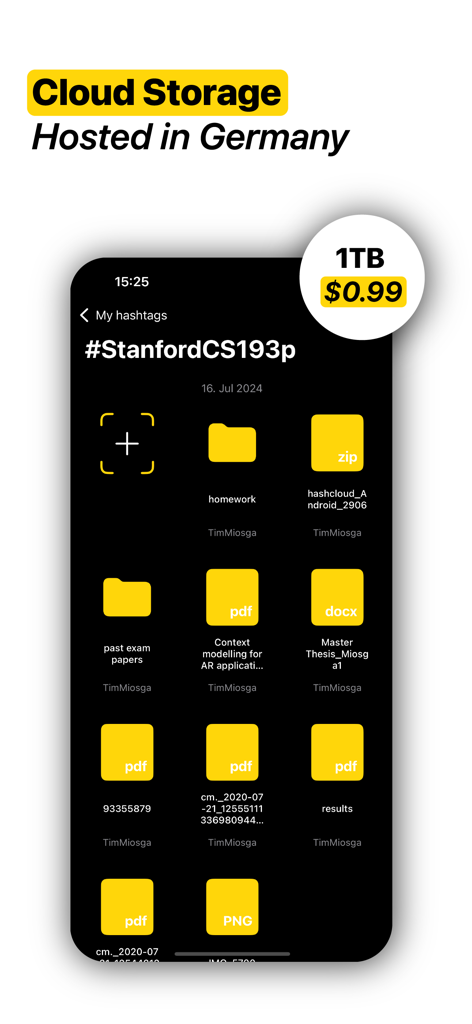 Interfaz de la aplicación móvil hashcloud que muestra archivos de estudiantes compartidos a través de un hashtag con marca de alojamiento alemán.