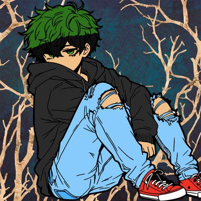 a male hoddie ripped jeans messy hair anime