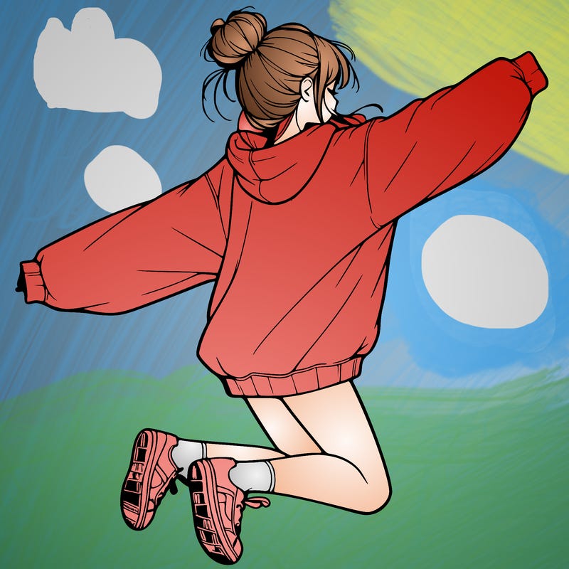 realistic girl jumping with a bun and oversized sweatshirt