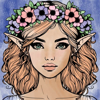realistic female elf with flower crown