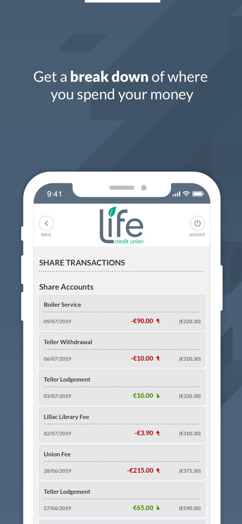Life Credit Union mobile app showing a list of recent transactions and account balances