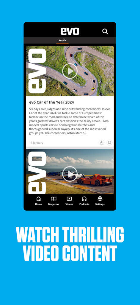 The video content screen of the evo Magazine app featuring the Car of the Year 2024 review.