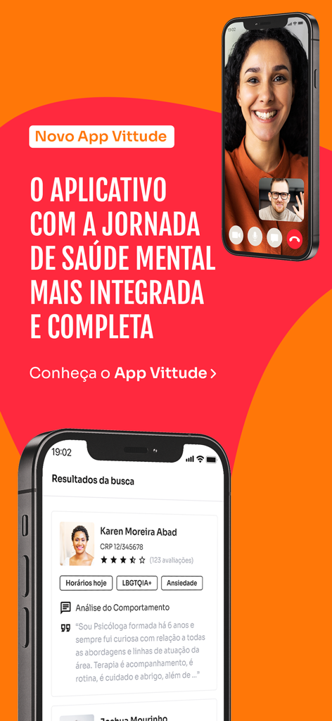 Vittude app screenshot showing a video therapy session and a therapist search result screen