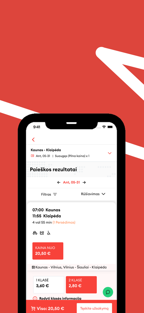 LTG Link - Écran de l'application LTG Link montrant les prix des billets de train et les horaires de trajet pour un voyage ferroviaire en Lituanie