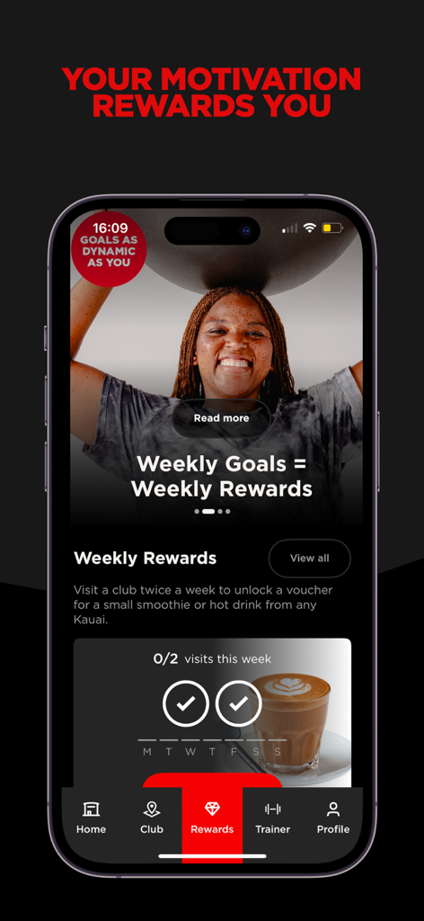 MyVirginActive - The rewards screen of the MyVirginActive app displaying weekly goals and loyalty benefits like smoothie vouchers.