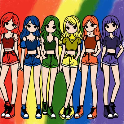 a group of girls wearing crop tops and shorts