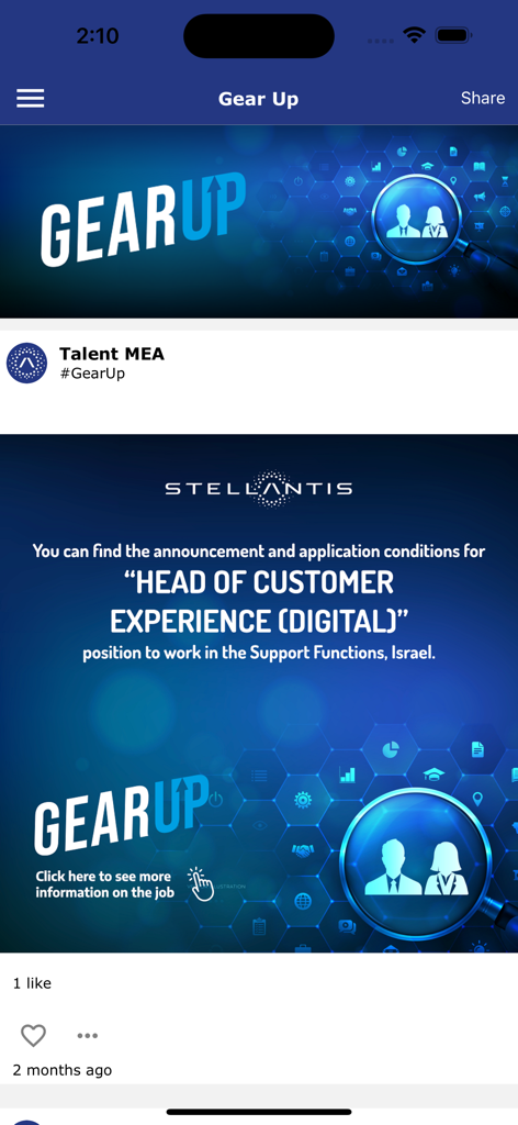 Gear-Up mobile app interface displaying a Stellantis job posting for a digital customer experience role