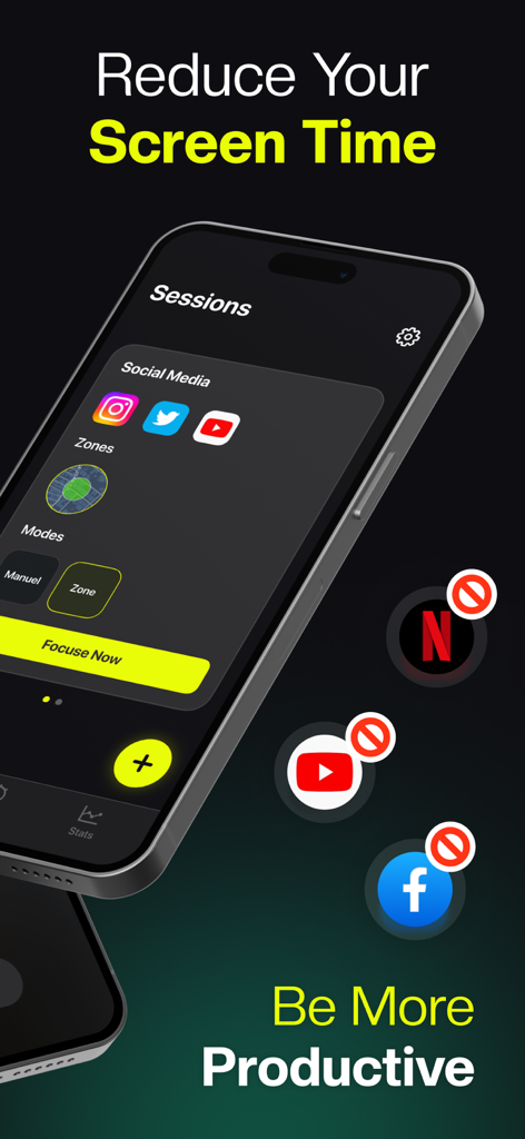 Screen Time Control: FocusMate - FocusMate app interface for blocking social media and setting focus sessions