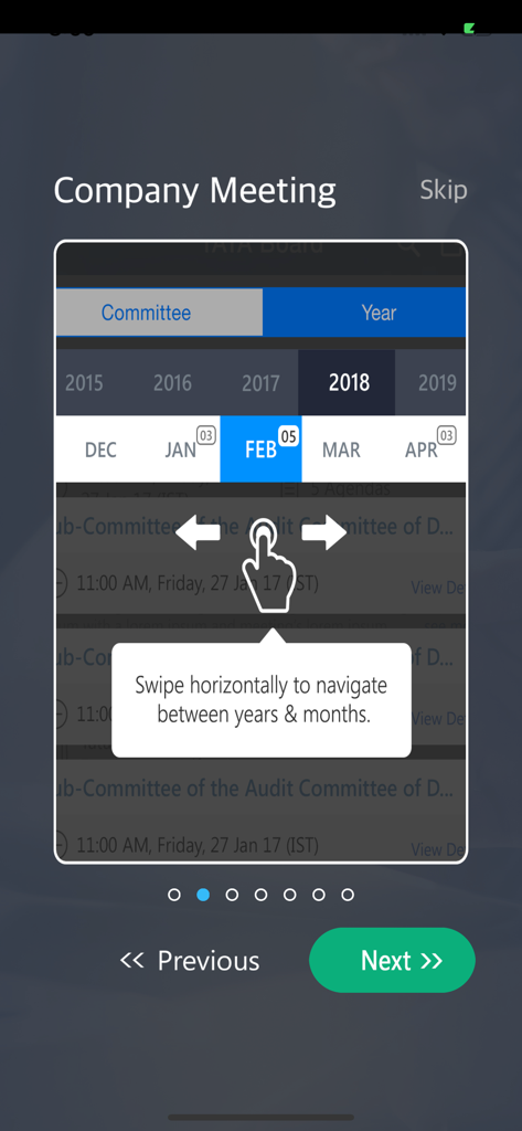TCS Board App - Tutorial screen in the TCS Board App showing how to swipe horizontally to navigate between meeting years and months