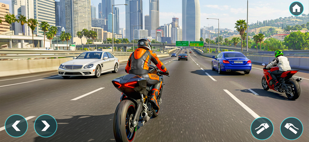 City Bike Driving 3D Openworld - A 3D motorcycle racing scene on a busy city highway with skyscrapers and on-screen controls.