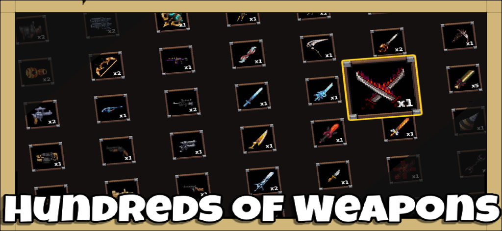 GraalOnline Ol'West+ - A grid displaying a wide variety of pixel art weapons including swords and guns in GraalOnline Ol'West plus.