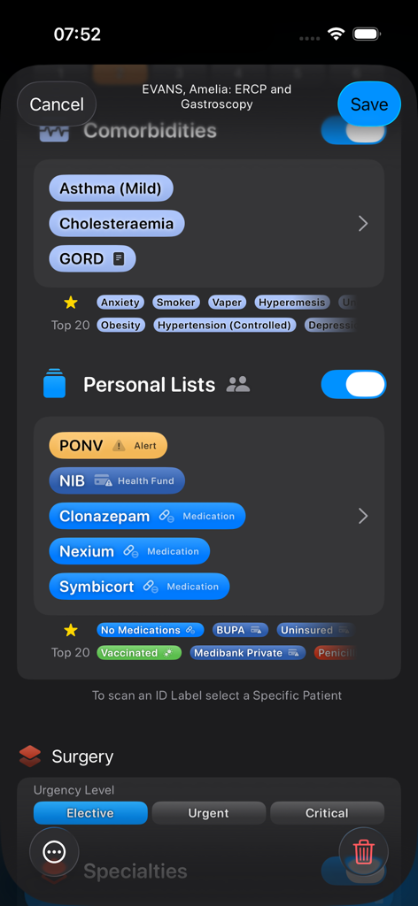 Somnus - Interface of the Somnus app showing patient comorbidities and surgical details for an ERCP and gastroscopy case.