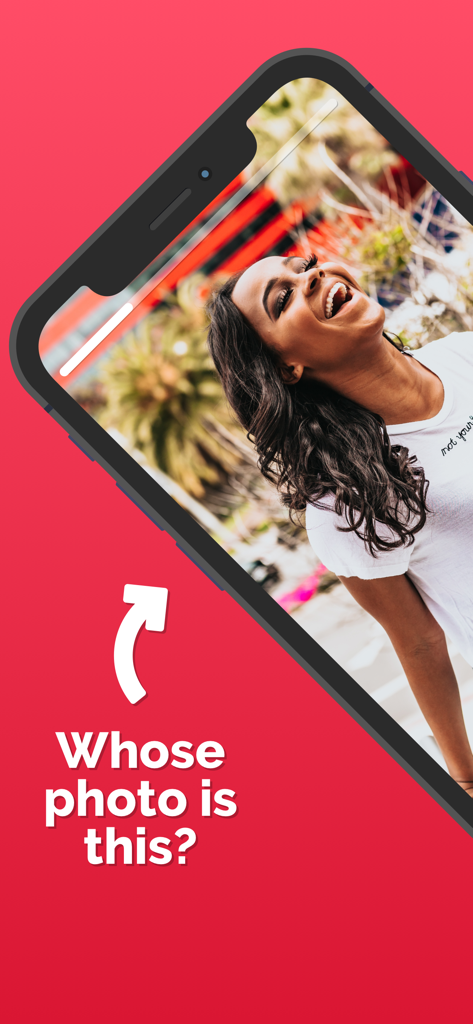 A smartphone showing a photo of a laughing woman with the text Whose photo is this? in the Photo Roulette app.