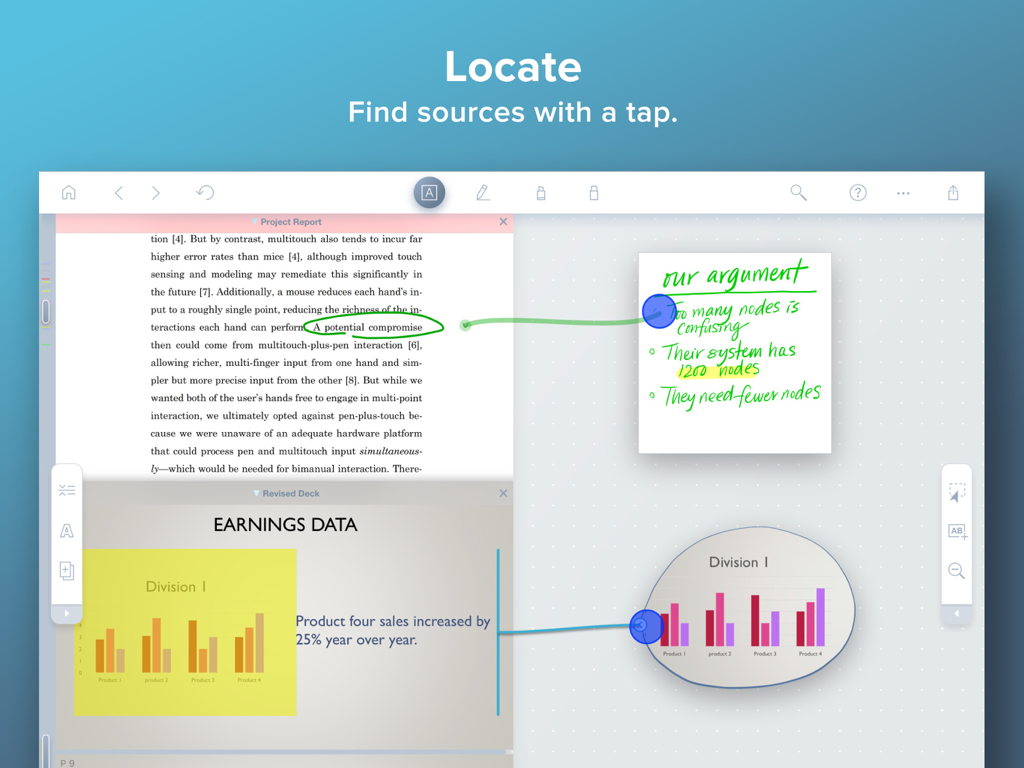 LiquidText iPad app interface showing ink links connecting notes to document sources