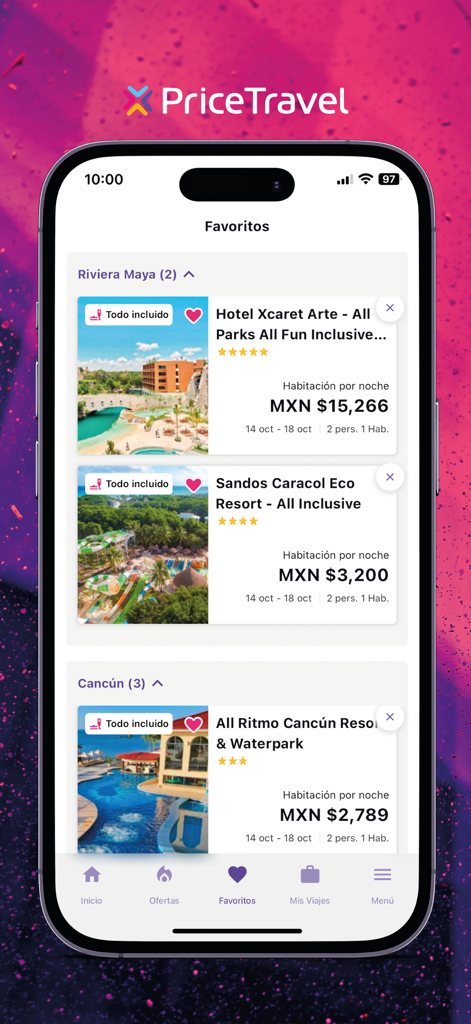 PriceTravel app screen showing saved favorite all inclusive hotels in Riviera Maya and Cancun Mexico
