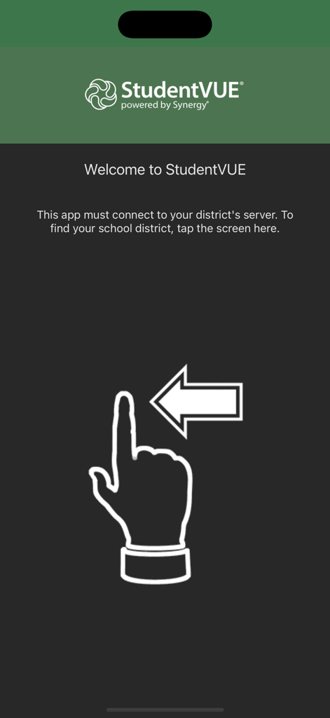 StudentVUE (New) - Schermata di benvenuto dell'app StudentVUE che mostra le istruzioni per trovare e connettersi a un server del distretto scolastico