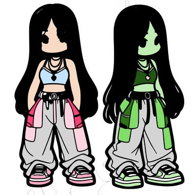 girl in baggy pants crop top and long hair