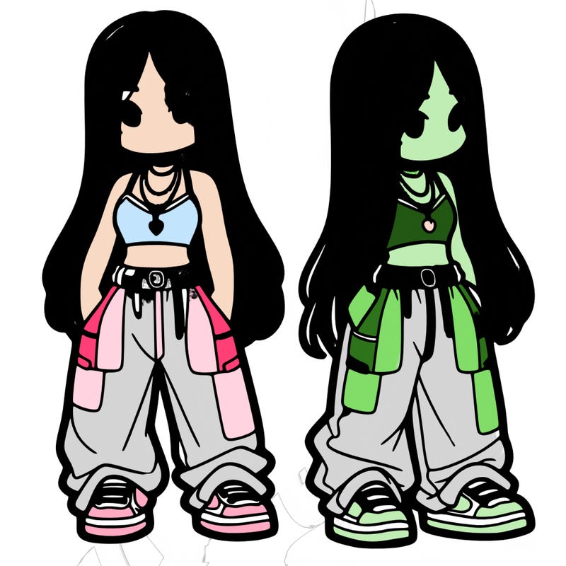 girl in baggy pants crop top and long hair