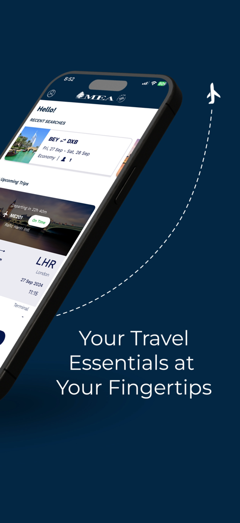 Middle East Airlines - MEA - Smartphone displaying the Middle East Airlines app home screen with flight details and travel essentials text.