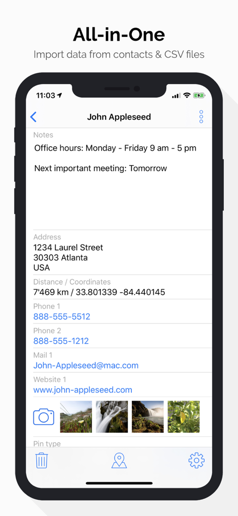Interface of the Contact Map app showing a contact profile with address phone coordinates and notes